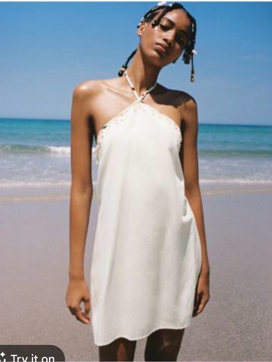 Zara Dresses & Skirts - NWT Zara White Linen Halter Mini Dress with Beaded Shell/Coin Accents. Size Smal